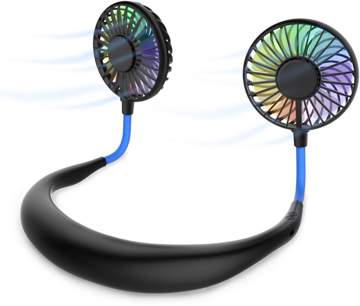 SnelShoppen - Draagbare Mini-USB-Ventilator met Nekbeugel, Oplaadbaar, Handsfree Bureauventilator met 3 Snelheden en LED-Licht voor Feest, Camping, Tu