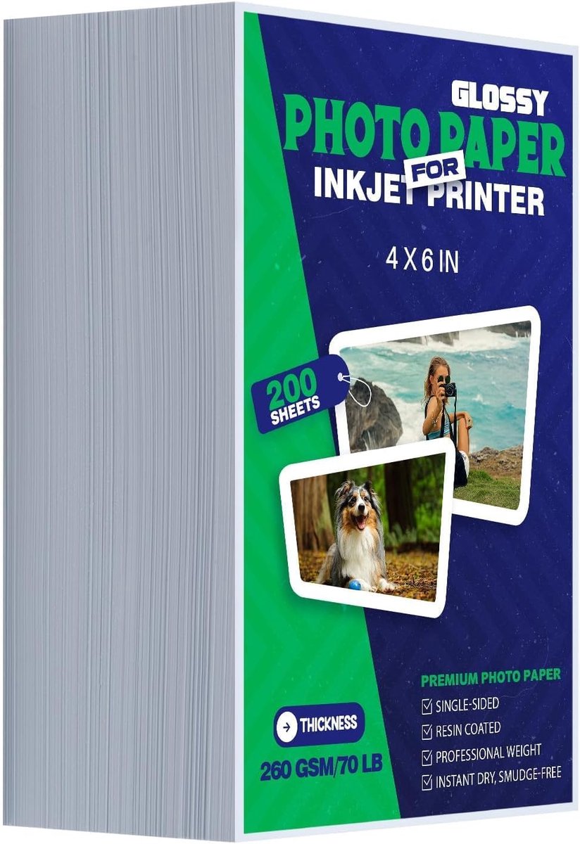 SnelShoppen - Inkjet Fotopapier A6 Glanzend 200 Vellen 260 g/m² Professioneel Fotopapier voor Ansichtkaarten - Direct Droog, Zwaargewicht, Kleurstofin