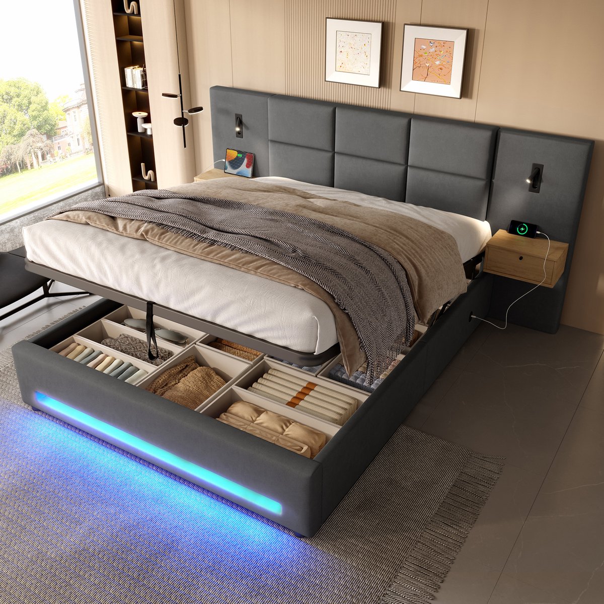 COVREO Bed 180x200 cm - donkergrijs velours, opbergruimte, zonder matras