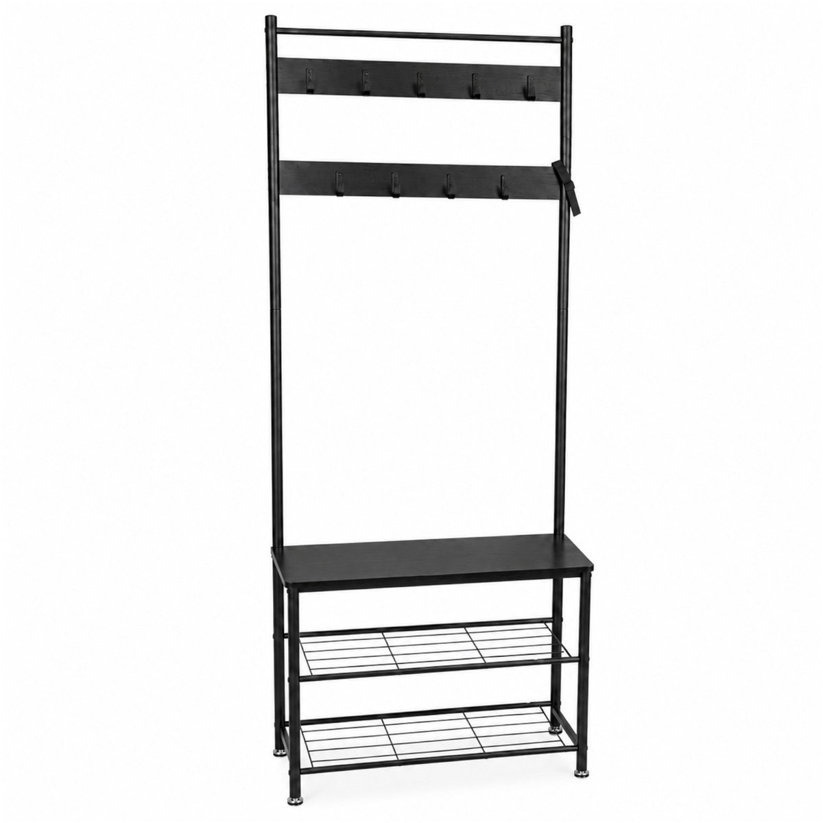 Begryf kapstok met bankje en schoenenrek - 9 haken - 70 x 32 x 175 cm - zwart - MDF en metaal