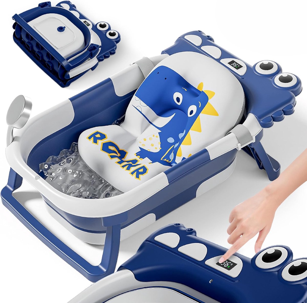 SnelShoppen - Opvouwbaar Babybadje Met Badkussen En Ingebouwde Thermometer - Babybadje Blauw Met Gratis Badstandaard - Ideaal Voor Pasgeborenen, Jonge