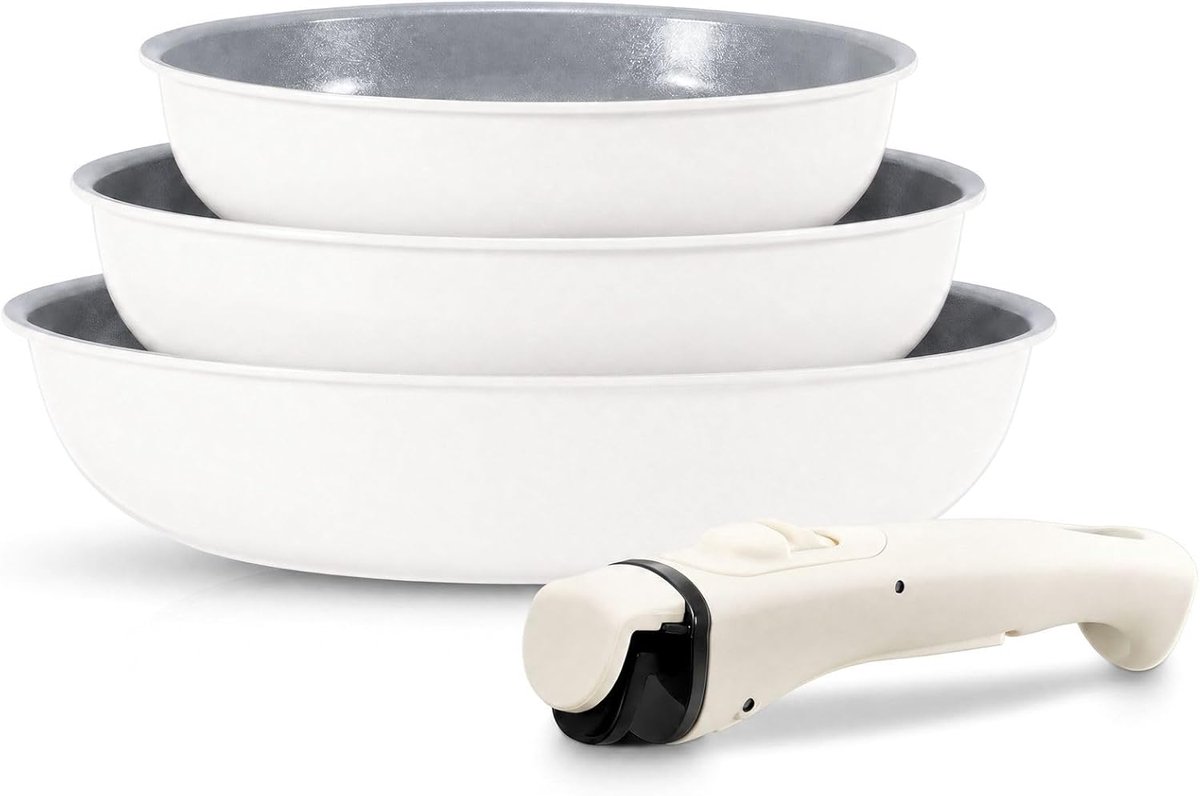 Pannen Set - Koekenpan Braadpan - Koken en Bakken - Afneembare Handgreep - 20 24 28 cm - Grijs