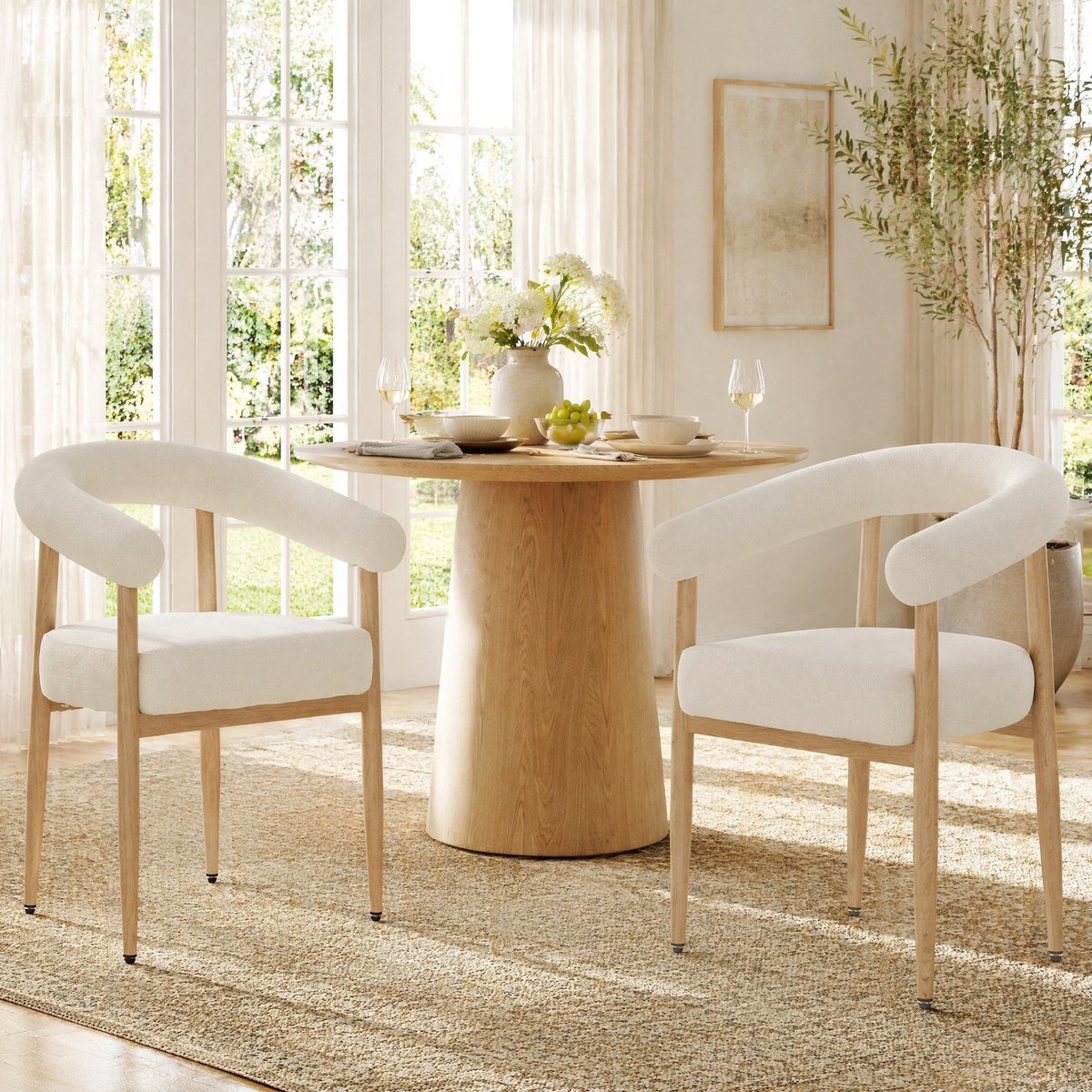 MEUNIQ set van 2 eetkamerstoelen met armleuningen, gestoffeerde kuipstoel met metalen onderstel en verstelbare voetdoppen, 48,5 x 40,5 x 78 cm, wit White