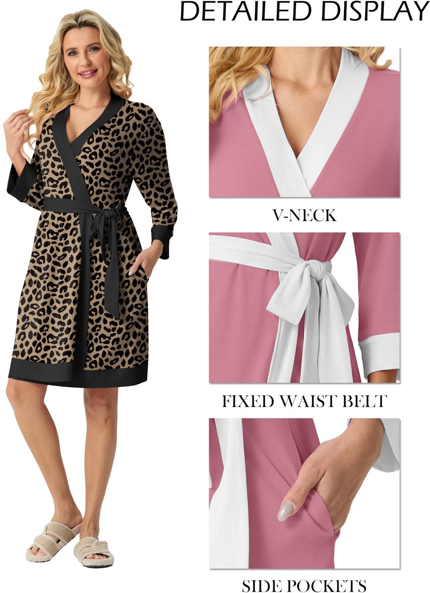 SnelShoppen - Badjas dames korte 3/4 mouwen kimono robe V-hals ochtendjas loungewear casual saunamantel XL - Perfect voor thuis, sauna en relaxen