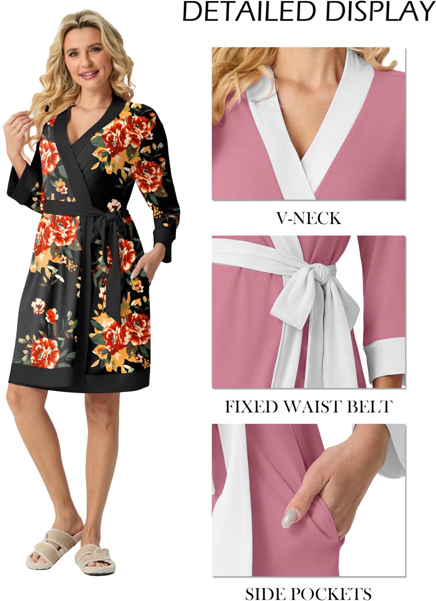 SnelShoppen - Dames Ochtendjas Lichtgewicht Kort Badjas met V-hals 3/4-mouwen Kimono Huiskleding met Zakken XL - Perfect voor Thuis, Relaxen en Wellne