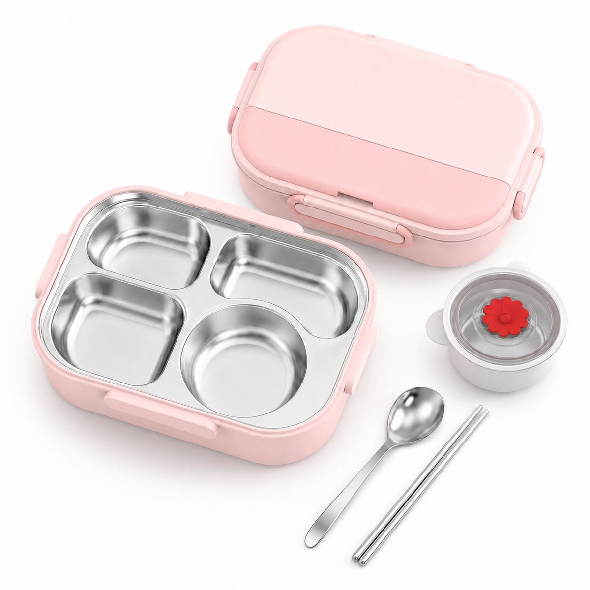Bobypet Bento Box voor Kinderen met 5 Vakken en Lekvrije Sluiting - Spacemen Thema - Lunchbox voor School - Roze