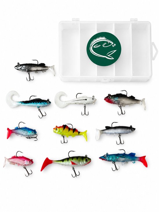 Tien softbaits in diverse kleuren en vormen, waaronder zwart, wit, blauw, groen, geel en rood, met jigkoppen en dreggen.
