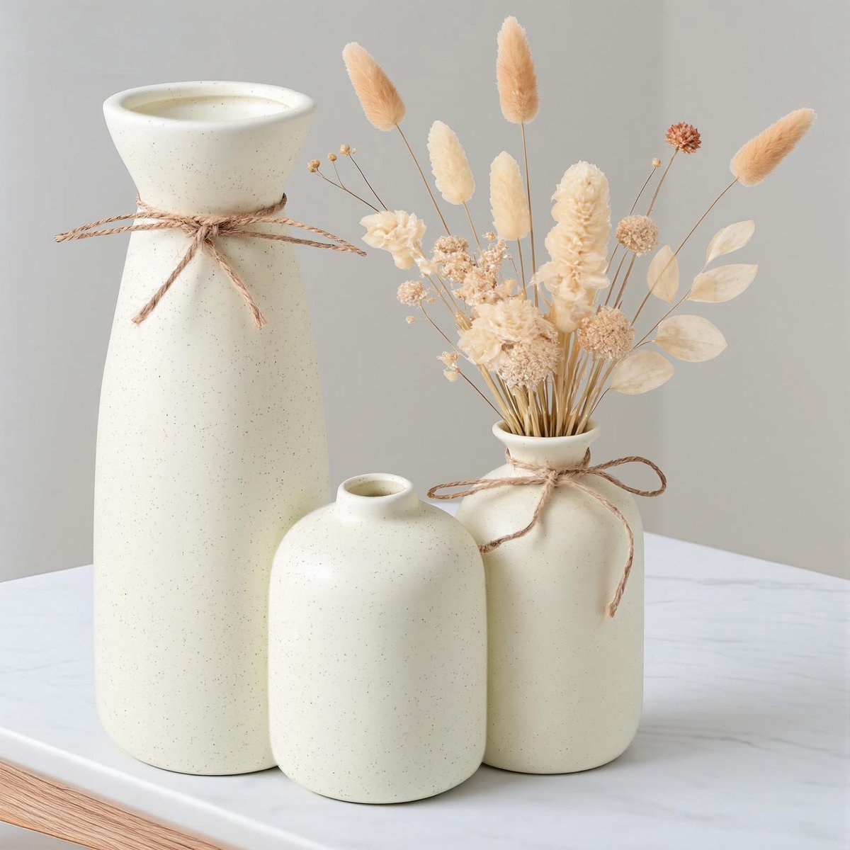 SnelShoppen - Set van 3 Handgemaakte Keramische Vazen voor Pampasgras - Moderne Boho Bloemenvaas in Beige voor Woondecoratie en Bruiloft Decoratie