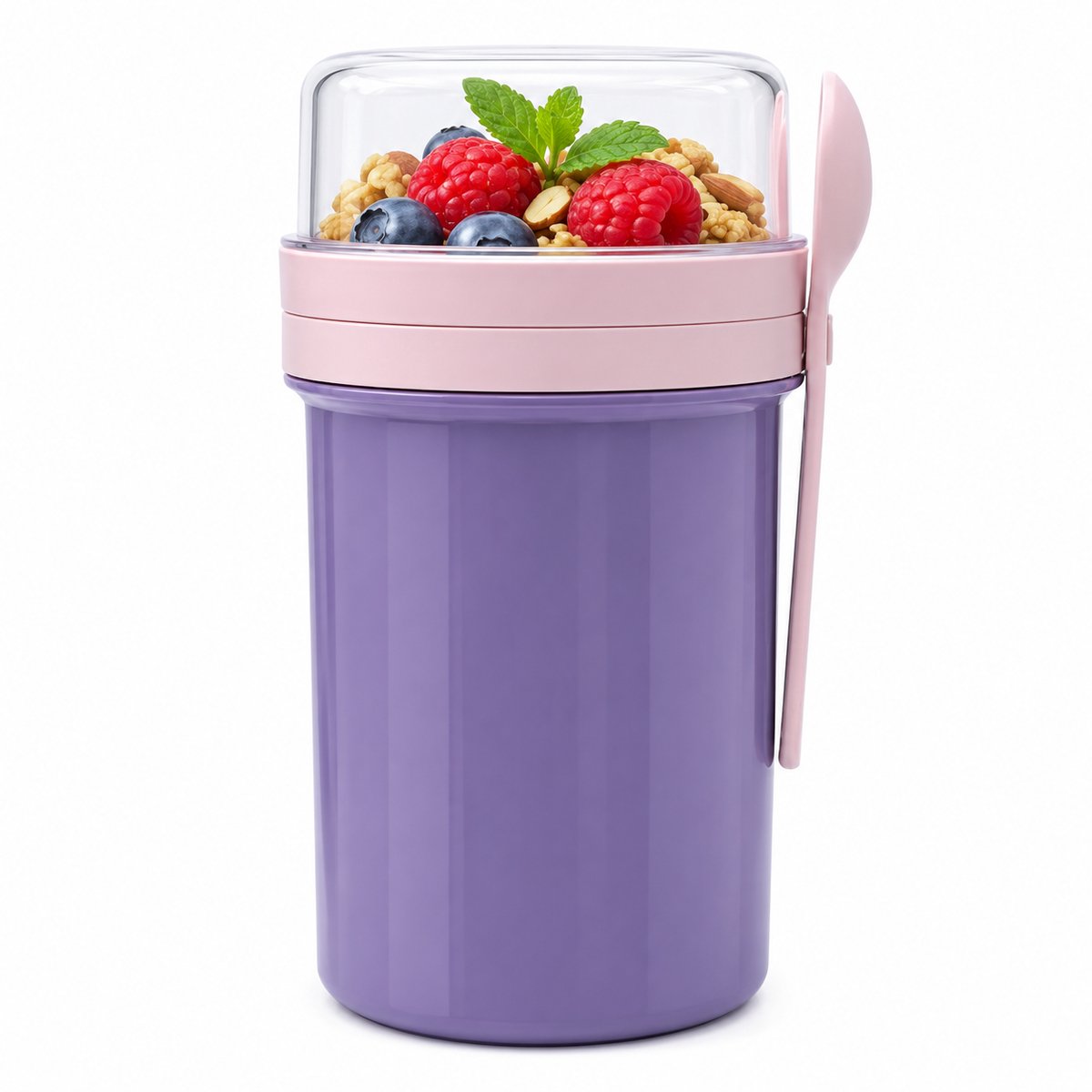 Bobypet Mueslibeker To Go - Yoghurtbeker met Vork en Lepel - 500 ml + 250 ml Lekvrije Lunchpot voor School en Werk - Paars