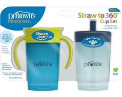 Dr. Brown's Milestones Rietjesbeker & 360° Oefenbeker Set 2 Stuks 300ml (Blauw/Groen) – BPA-vrij – Verwisselbare Deksel met Siliconen Rietje – Vanaf 9 Maanden