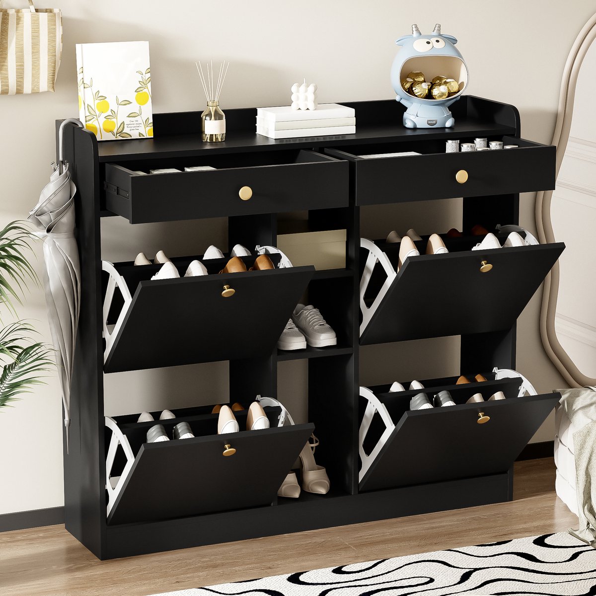 Schoenenkast - Met 4 klepdeuren, 2 laden, 3 open vakken & ruim werkblad - 110x100x26 cm - Zwart