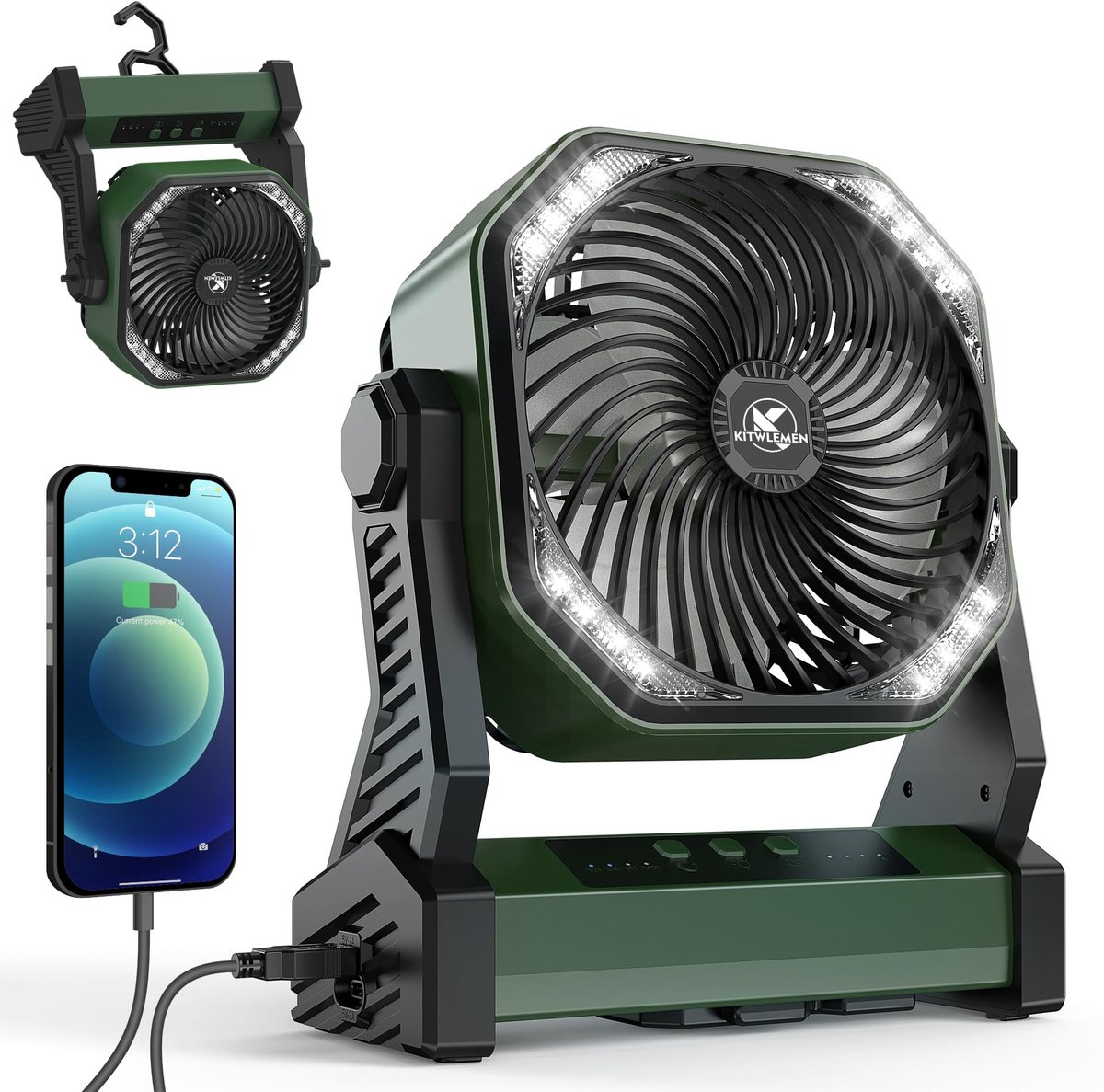 SnelShoppen - Campingventilator met LED-lantaarn, 20.000 mAh Oplaadbare Accu, Tentventilator met Licht en Haak, USB Desktopventilator, Persoonlijke Ve