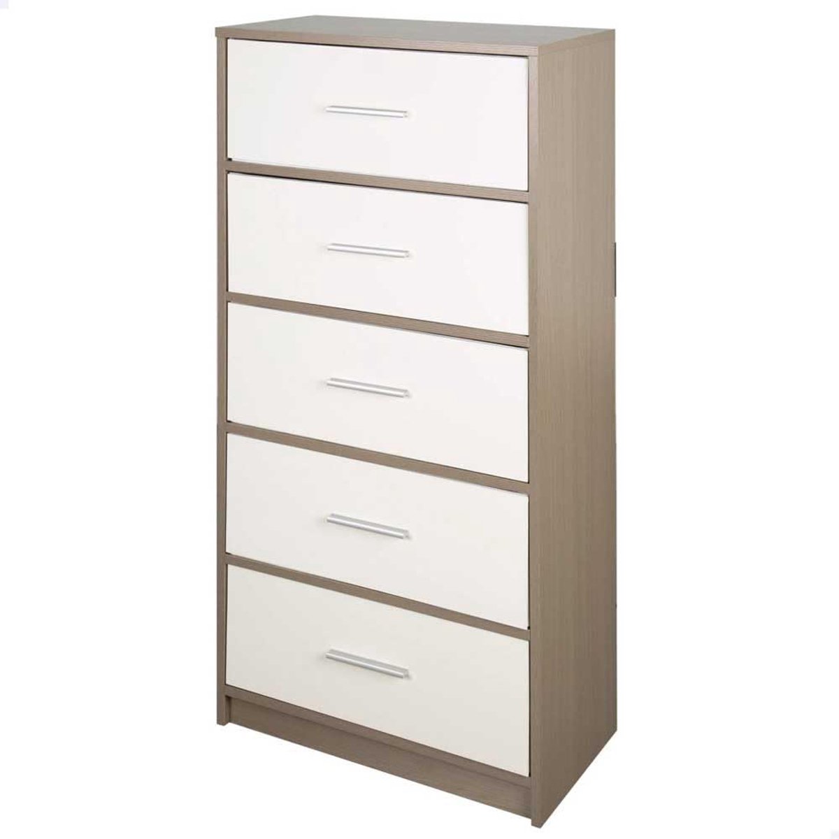 SnelShoppen - Multifunctionele Slaapkamer Opbergkast Grijs/Wit met 5 Lichte Stoffen Laden - Houtstructuur, Thuisorganisatie, Decoratie, 58 x 30 x 112