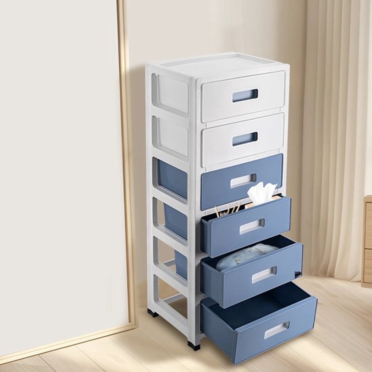 6-laags bureau lade organizer met wielen, stapelbare afneembare opbergladen, multifunctionele opbergunit voor