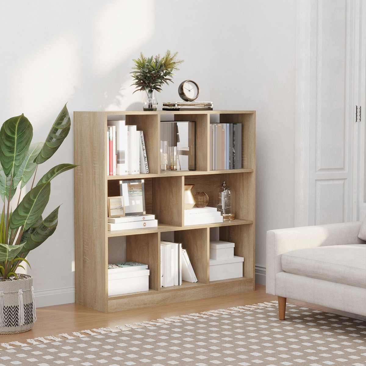 HAUSS SPOLE Boekenkast – 97,5 x 30 x 100 cm – Open Vakken Met 3 Niveaus – Houtmateriaal – Eikenkleur – Voor Woonkamer En Kantoor