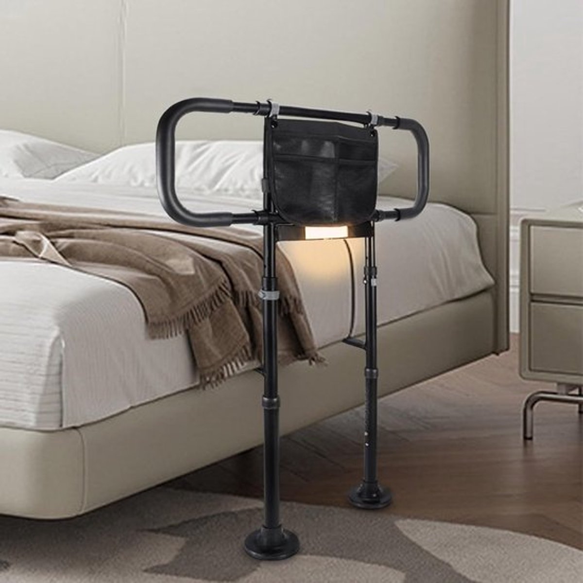 SnelShoppen - Verstelbare Sta-Hulp Bed voor Ouderen met Opbergtas, Hoogte Verstelbaar Handvat, Bedbeschermingsrooster, Beweegsensor Licht, Tot 180kg (