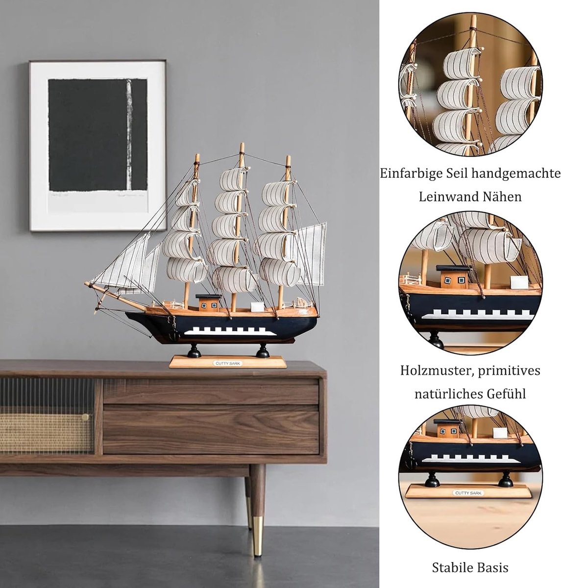 Houten Zeilboot Model voor Decoratie, Vintage Scheepsmodel in Mediterraanse Stijl, Handgemaakt Geschenk voor Thuis en Kantoor, 32 x 6 x 30 cm