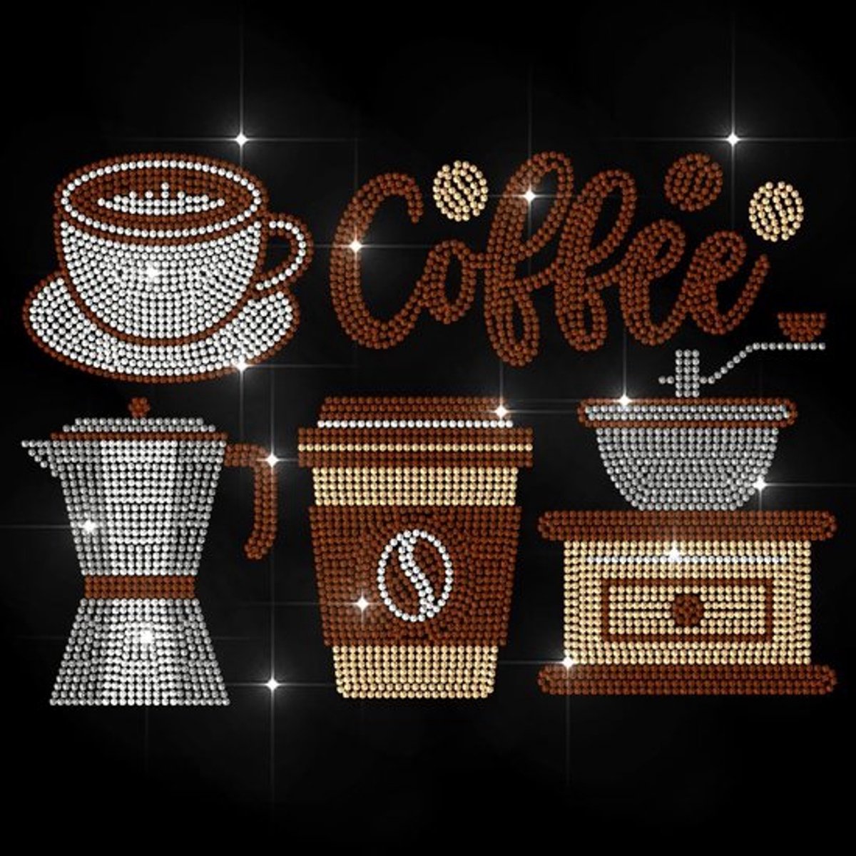 Transfer Sticker Koffie-thema - Hotfix Strass - Koffiekop/Schotel - Koffiemolen - Koffietekst - 29,7 x 21 cm - Strijktransfer