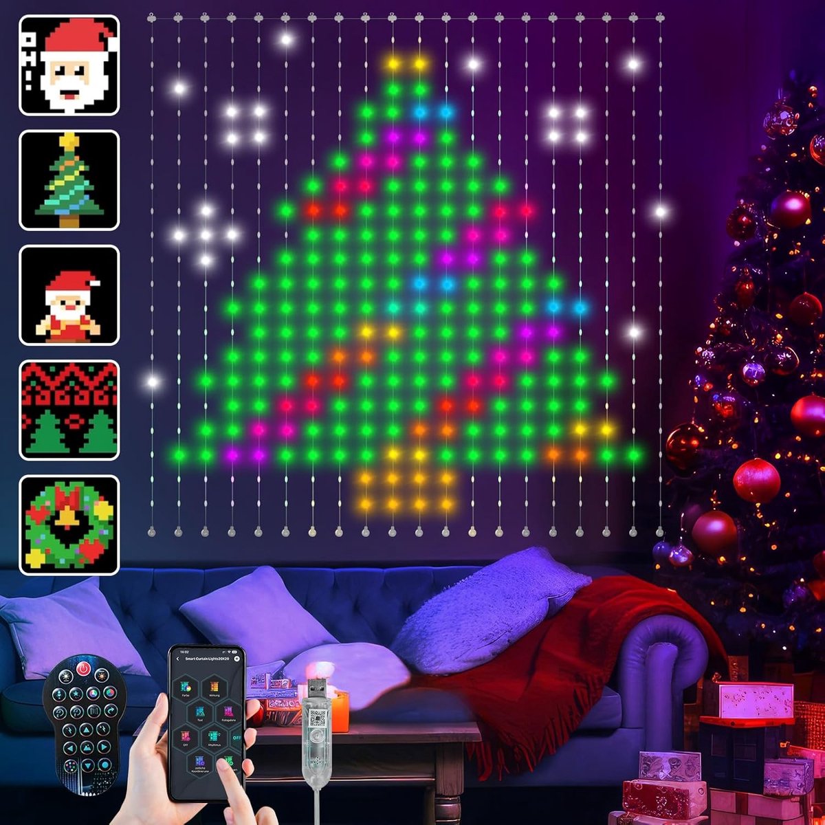 SnelShoppen - LED Lichtgordijn 2x2 m, 400 Multicolour LED Fairy Lights, IP65 Waterproof, 86 Modes, Smart Curtain voor Kerstdecoratie, Party, Tuin, Cam