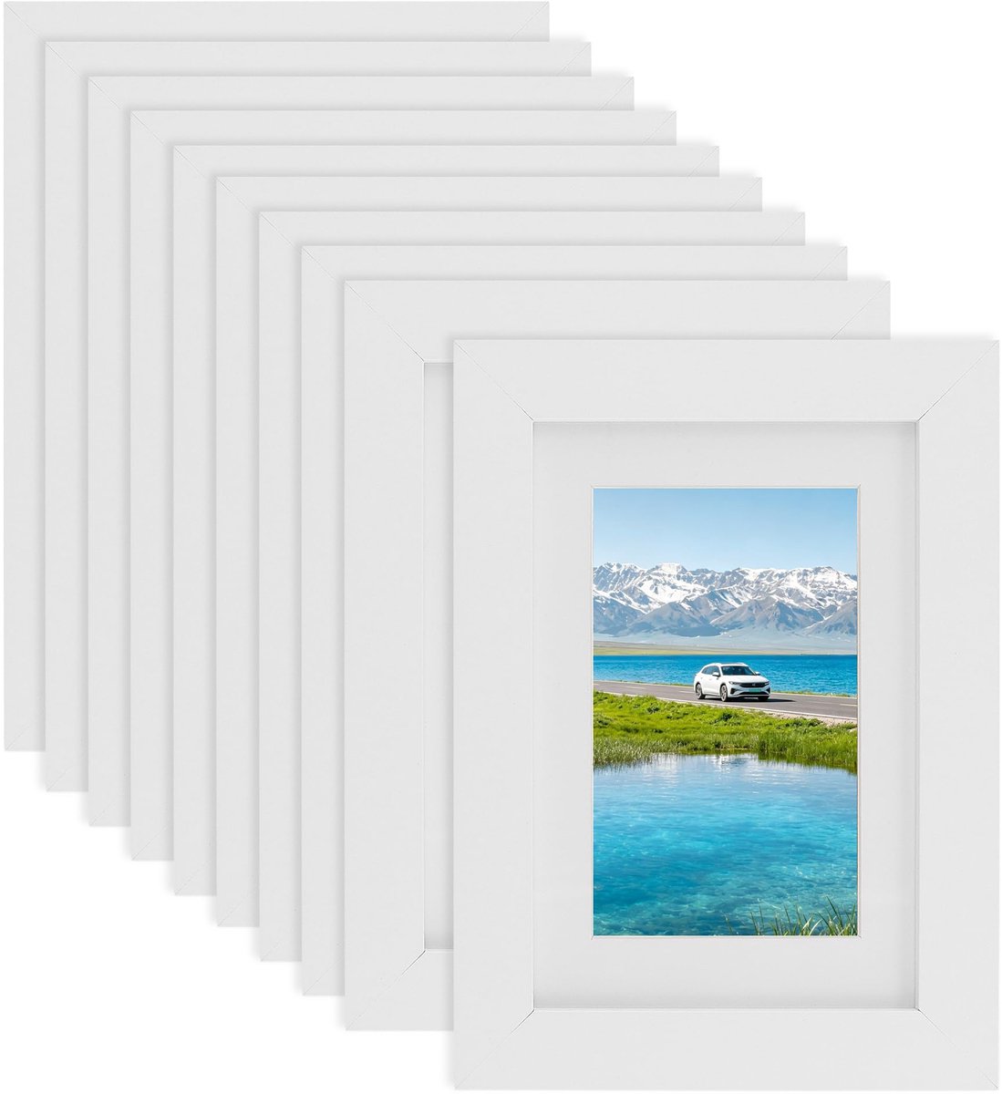 SnelShoppen - 10 Stuks Fotolijst 10 x 15 cm Wit met Passe-Partout voor Foto's 6,5 x 11 cm - Wand- of Tafelstandaard - Perfect voor Feesten en Thuisdec
