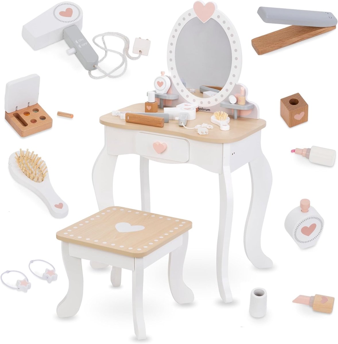 SnelShoppen - Mamabrum Makeup Dresser - Houten Make-up Schuilplaats voor Meisjes - Kaptafel met Spiegel, Parfum, Nagellak, Borstels en Haarelastiekjes