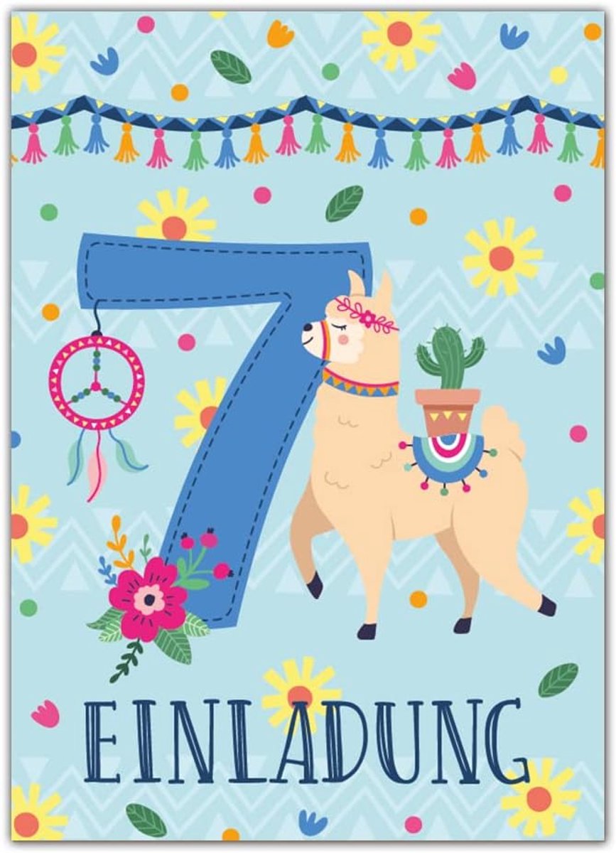 SnelShoppen - 12 Uitnodigingskaarten voor 7e Verjaardag Meisje Lama - Kinderfeest, Uitnodigingen, 10.5x14.8 cm, UV Coating, Geproduceerd in Duitsland