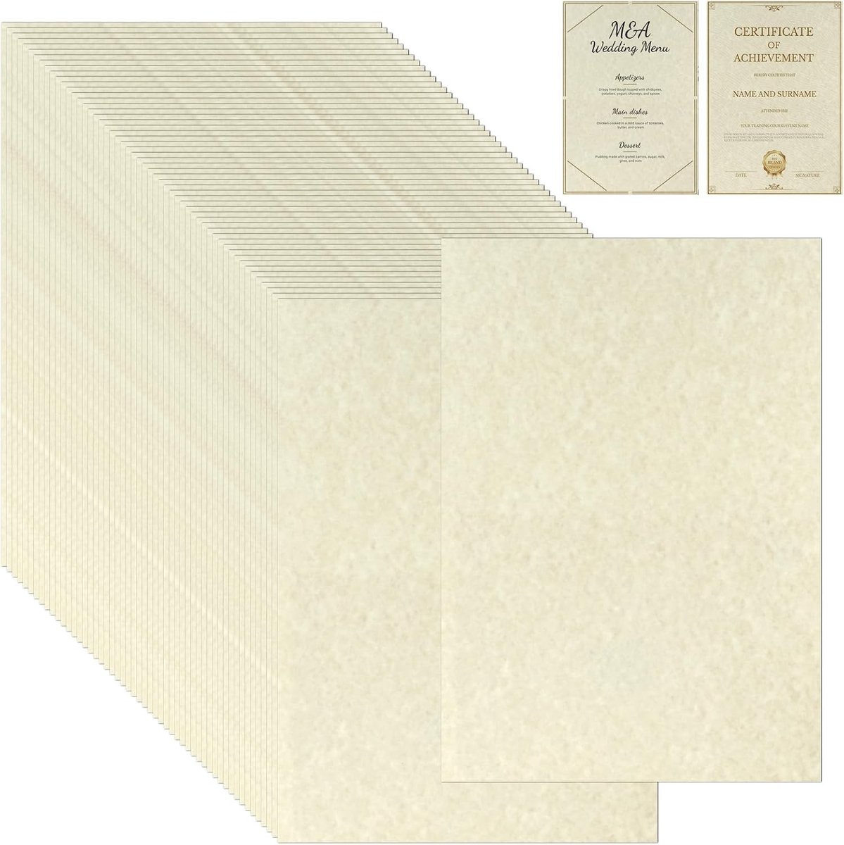 100 vellen ivoor antiek getextureerd perkamentpapier A4, 180GSM voor certificaten, diploma's en brieven schrijven