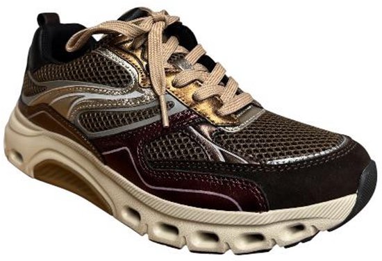 Bruine Gabor Rollingsoft sneaker met beige veters, gouden en bordeauxrode accenten en mesh.