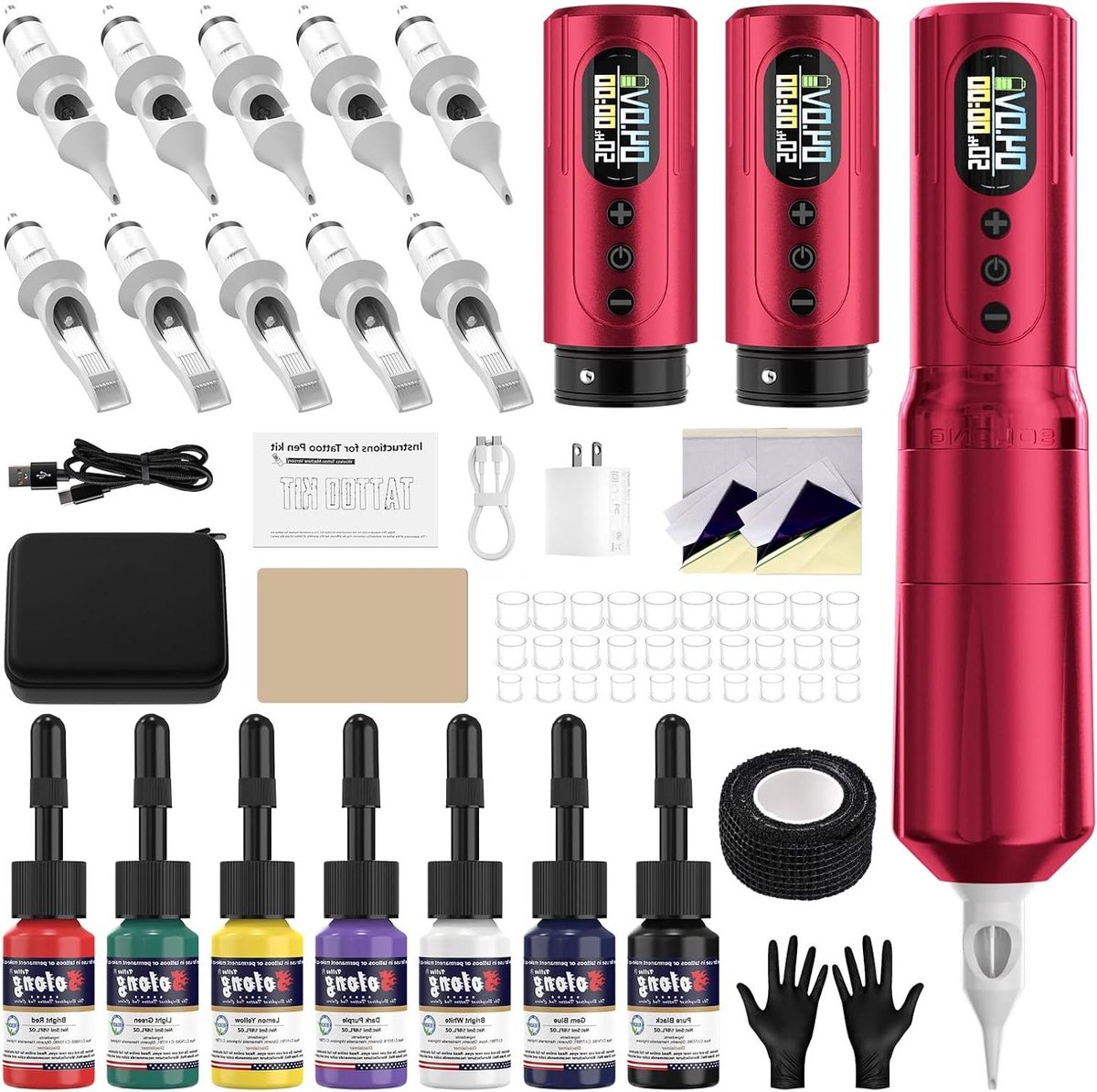 Professionele Tattoo Machine - Tattoo Set - Artistieke Expressie - OLED Display - 2 Batterijen - Zilver