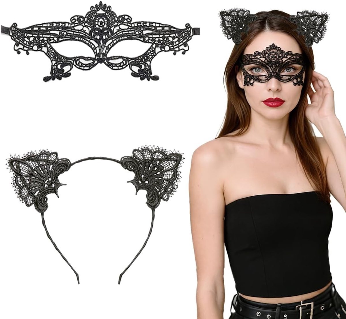 2 Stuks Katmasker en Kattenoren Hoofdband voor Dames - Catwoman Kostuum voor Halloween, Feestdagen en Verkleedpartijen