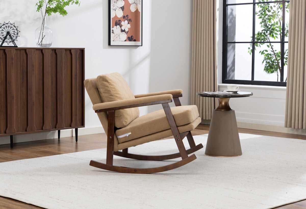 REDOM - Schommelstoel fauteuil - Houten onderstel - Vast frame - Met lendenkussen - Velvet - Woonkamer, slaapkamer en serre - Lichtbruin - 83 x 73 x 80 cm