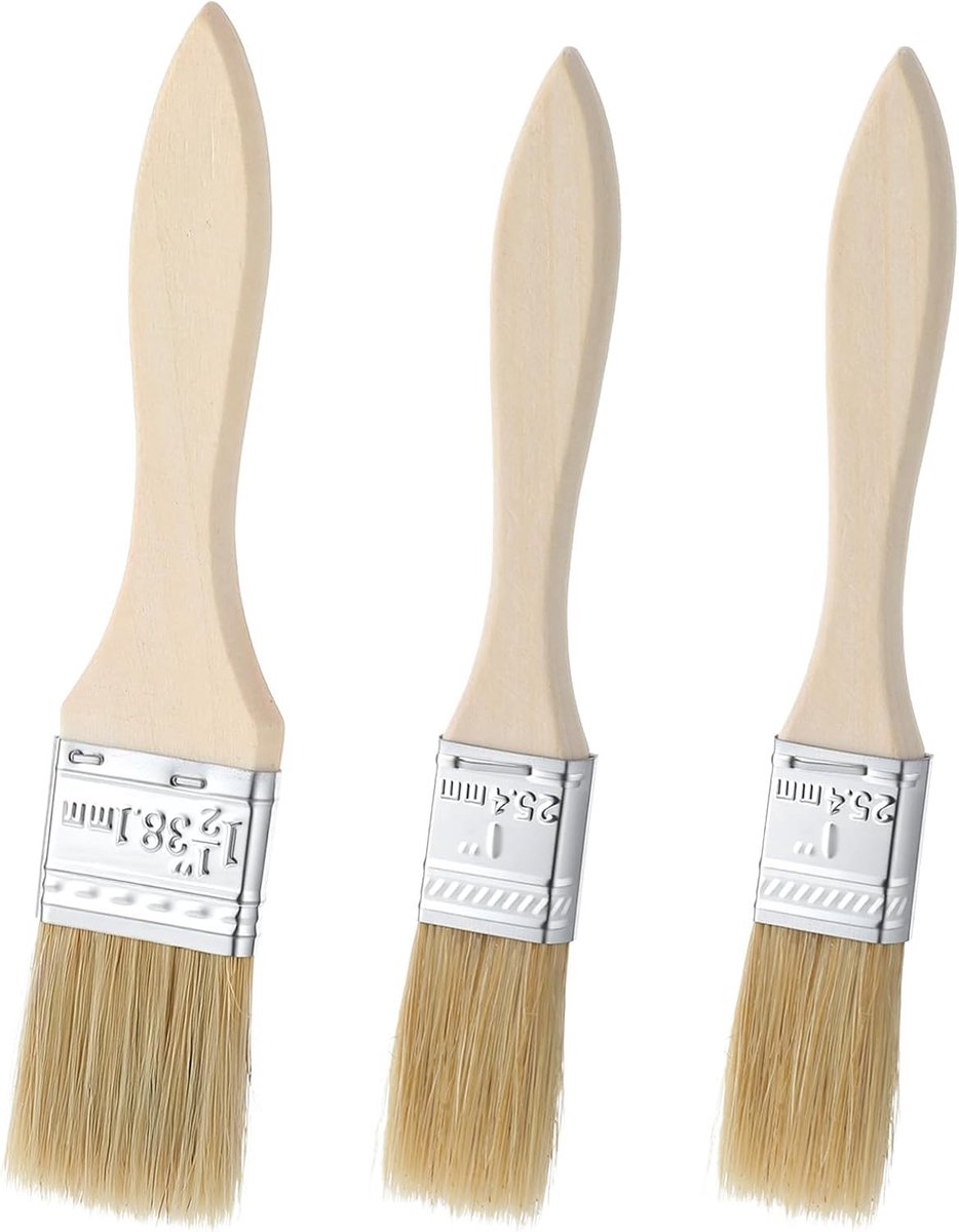 Set van 3 hittebestendige bakkwasten met natuurlijke borstelharen, ideaal voor grillen, bakken en BBQ gebruik, met stevig houten handvat