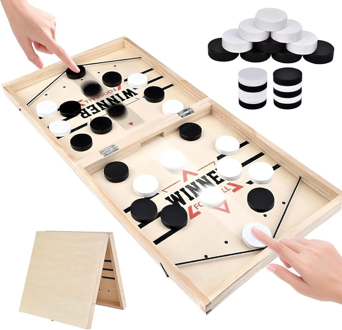 Interactief 2-in-1 schaakbordspel en katapult, houten airhockeytafel en shuffleboard voor familiefeesten, vrienden en kantoorplezier
