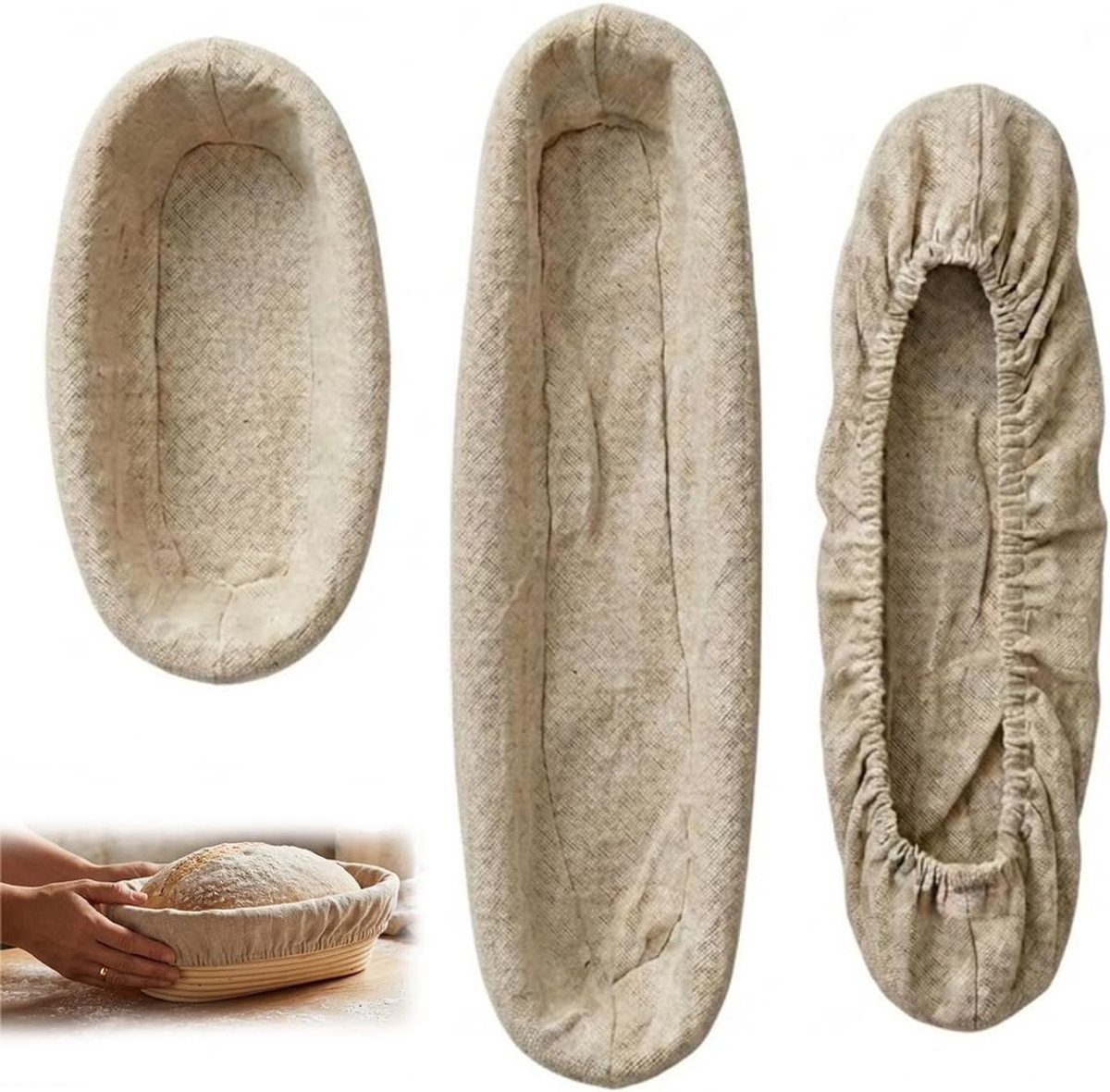 3-delige Rijsdoeken Set: 2 Baguette Doeken (38cm & 44cm) + 1 Ovaal Doek (25cm), Linnen Anti-aanbak, Perfect voor Brooddeeg en Bakken