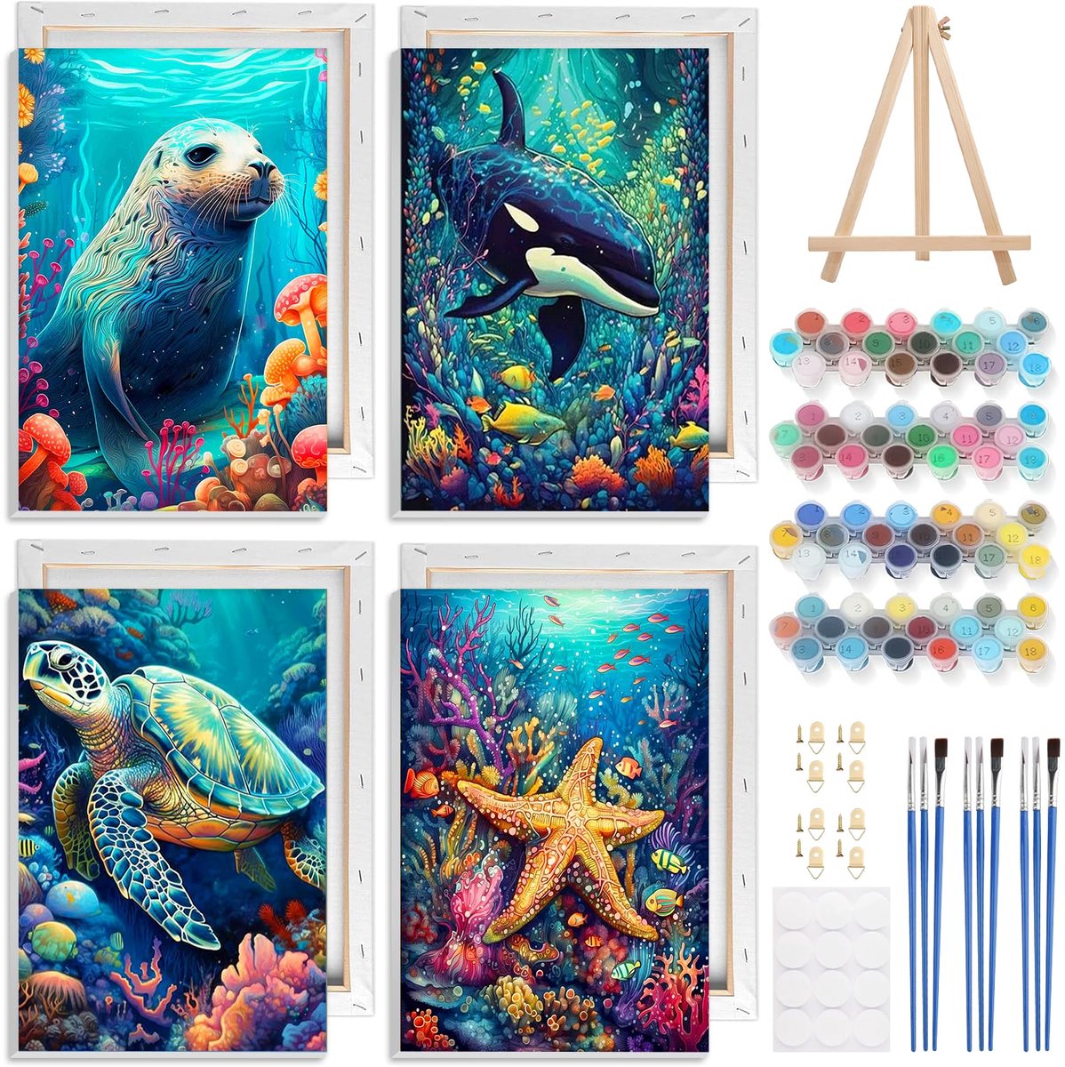 SnelShoppen - 4 Stuks Ingelijste Verf op Nummer Zeedieren voor Volwassenen en Kinderen, DIY Schilderen op Nummer met Houten Frame, Kunst op Canvas, Pe