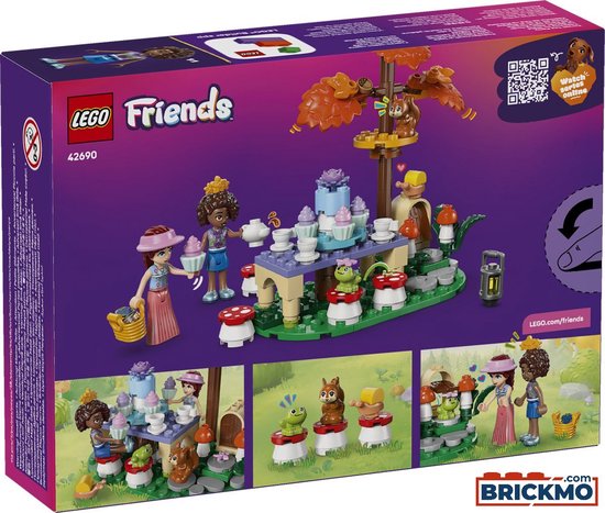 Achterkant van LEGO Friends 'Theekransje in het Bos' speelgoed 42690, met afbeeldingen van de set.