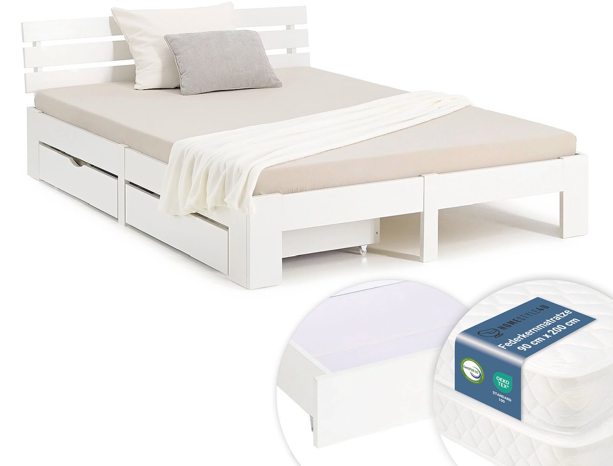 Homestyle4u Tweepersoonsbed - 180x200 cm - met Binnenveringmatras - Wit