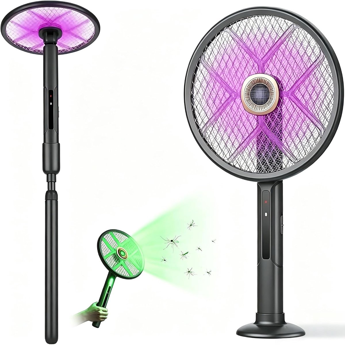 Elektrische vliegenmepper - vliegenmepper - muggenlamp - hondencamera - oterende kop, 2-in-1 oplaadbare vliegenvanger - BugZapper - insectenzapper - vliegenvanger - FlyZapper-racket met telescopische verlenging - 79-106cm