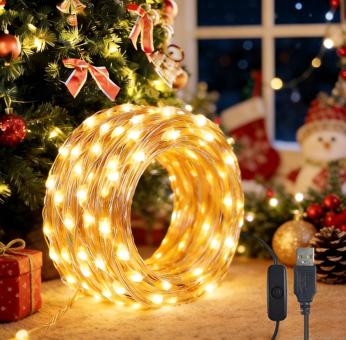 SnelShoppen - LED Lichtsnoer USB 10 m 100 LED Waterdicht Lichtslang met Schakelaar, Micro Koperdraad voor Binnen en Buiten, Warmwit, Perfect voor Kers
