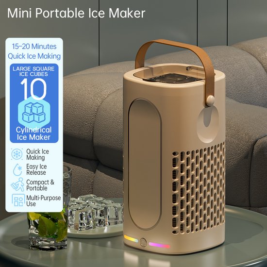 Draagbare mini-ijsmachine voor op tafel - Mini-ijsmaker - Snel ijs maken - Compact en klein - Met leren handvat - IJsblokjesmachine - Geschikt voor thuis, kantoor, kamperen, camper, feestjes en drankjes - Crème wit — afbeelding 5