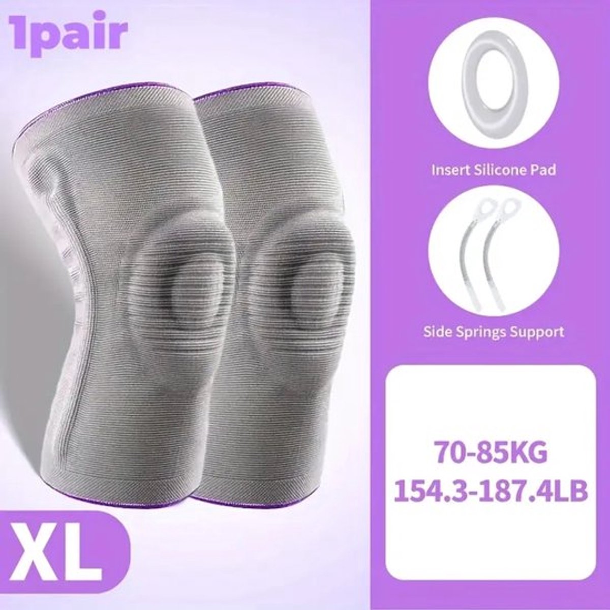 Professionele sportkniebeschermers (2-pack) met siliconen pads en dubbelzijdige veerondersteuning, grijs voor volwassenen, multi-scene bescherming (XL), geschikt voor gewichten van 140-170 catties
