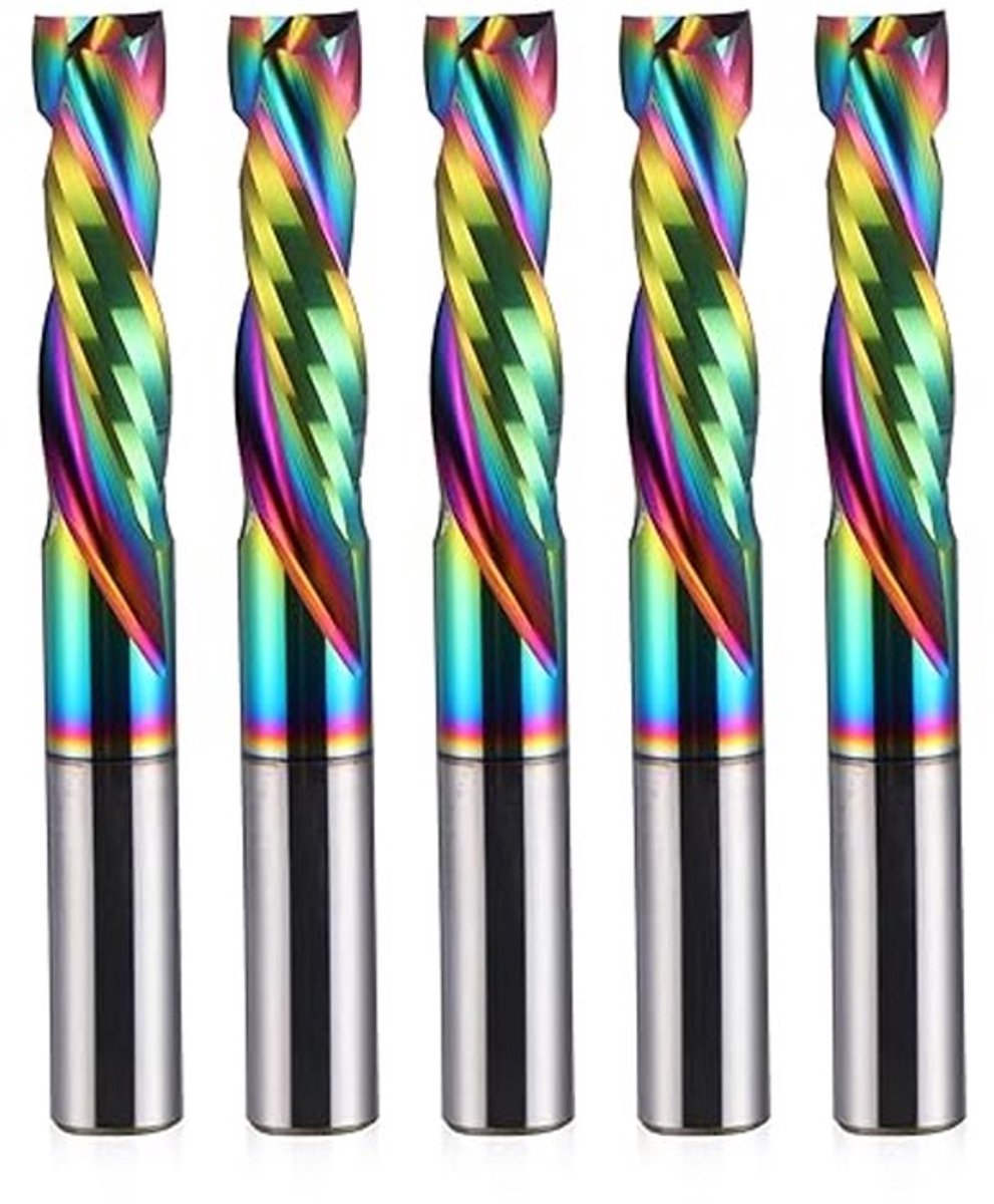 DLC-gecoat, boven- en ondersnijdend, dubbelzijdig, spiraalvormig hardmetalen snijgereedschap, CNC-gereedschap, houtbewerkingsgereedschap, 6 mm schachtdiameter, 6 mm snijdiameter, 5-delige set