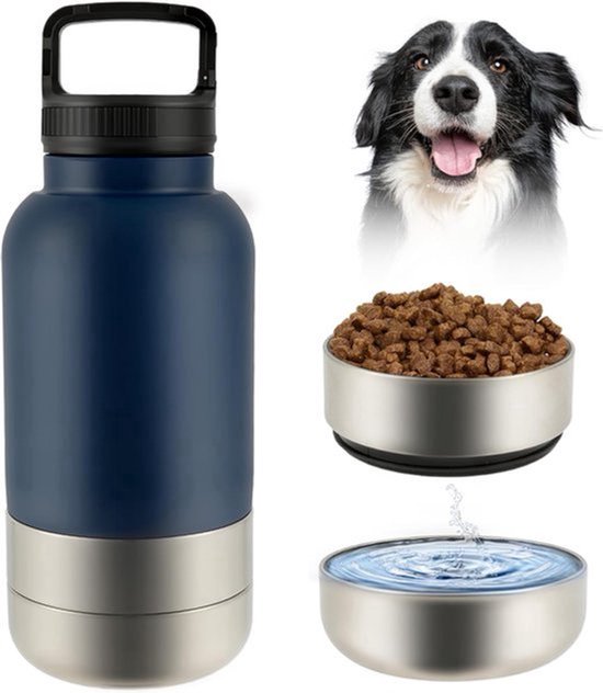 Une bouteille d'eau bleu-argenté, un Border Collie, un bol de nourriture pour chien et un bol d'eau.