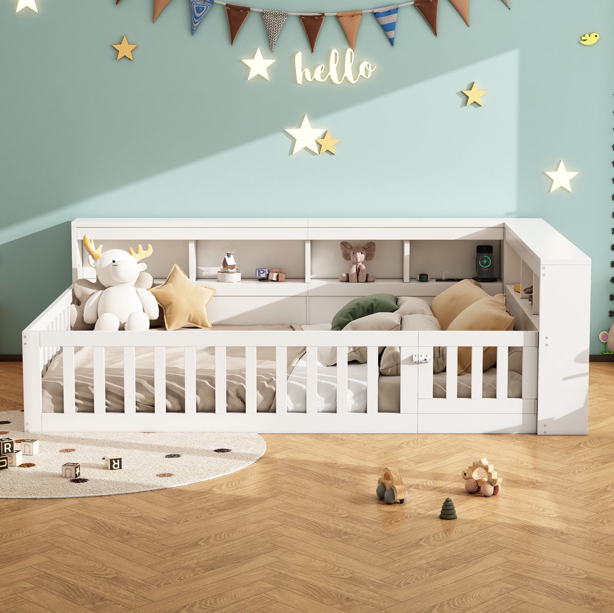 COVREO Bedbank 212,2x163,5x70 cm – wit, met lattenbodem, opbergruimte en USB-aansluiting