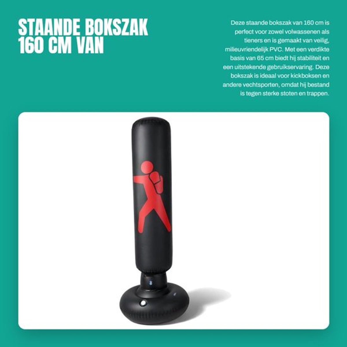 Bokszak 160 cm hoogte - Opblaasbare Bokszak - Stabiele Basis 65 cm - Fitness Bokszak - Zandzak voor Volwassenen - Milieuvriendelijk PVC - Kickbokszak