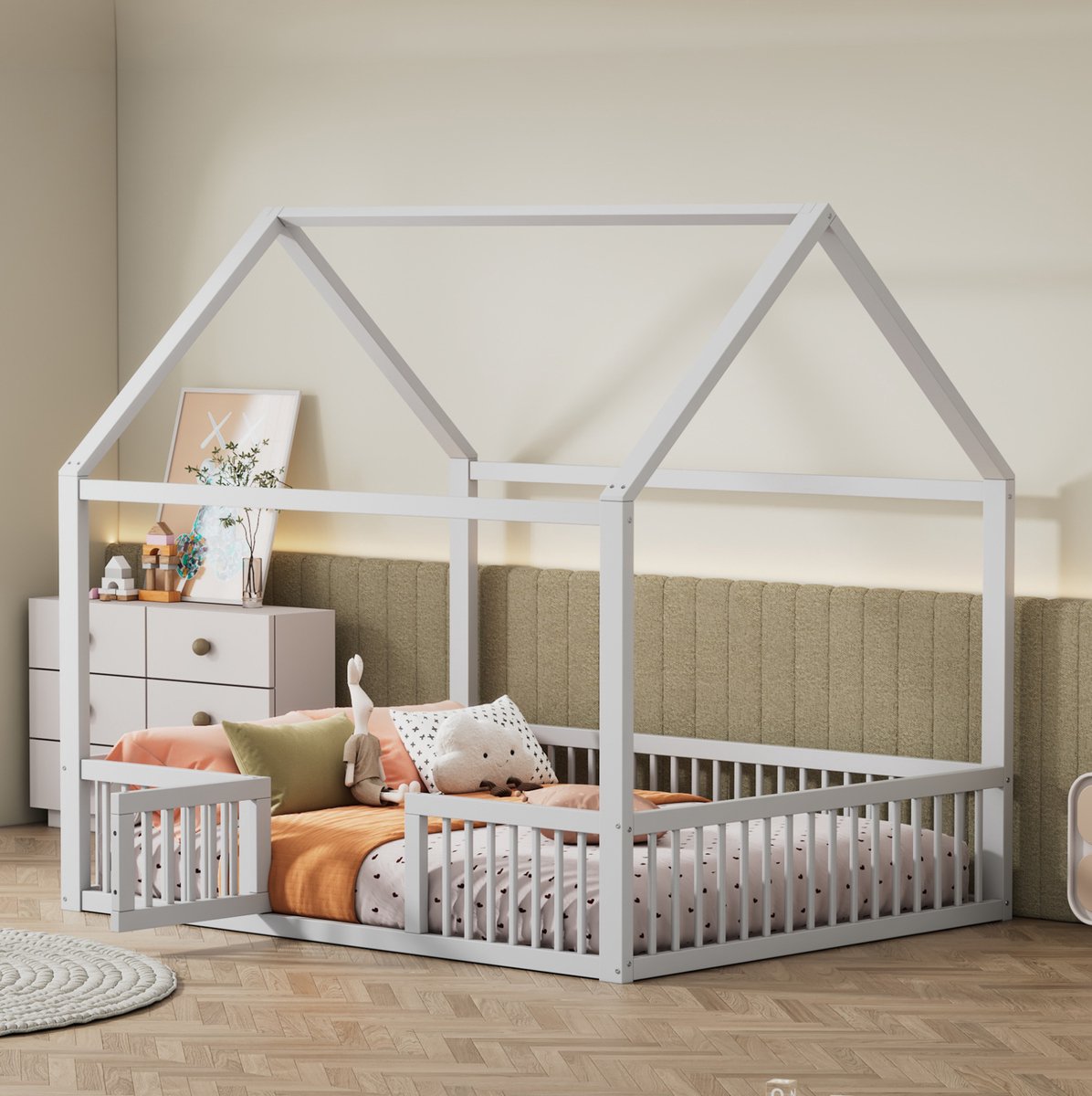 COVREO Kinderbed 140x200 cm wit – huisbed van hout en MDF met veiligheidshek en deur