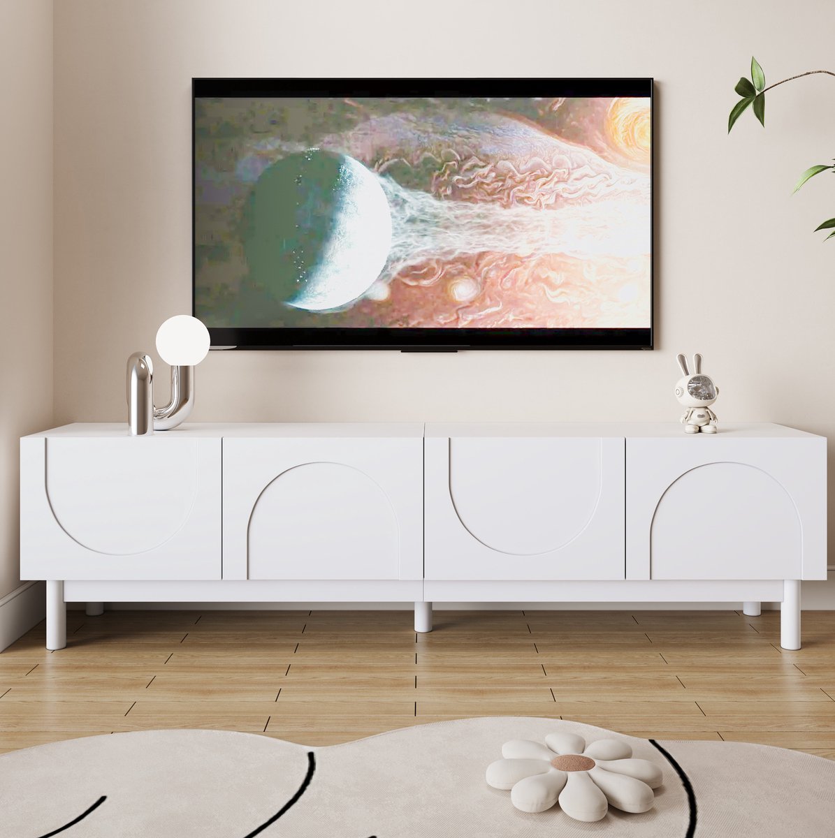 COVREO TV-meubel 169x34x45,5 cm – wit, 4 deuren, planken en stabiliserende poten