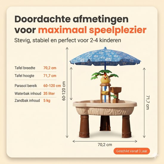 Een water- en zandtafel met parasol, compleet met afmetingen.