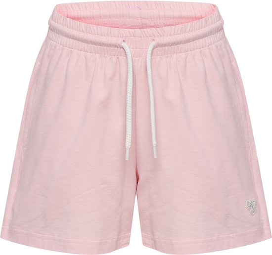 Roze short met elastische taille, wit trekkoord en klein hummel-logo linksonder.