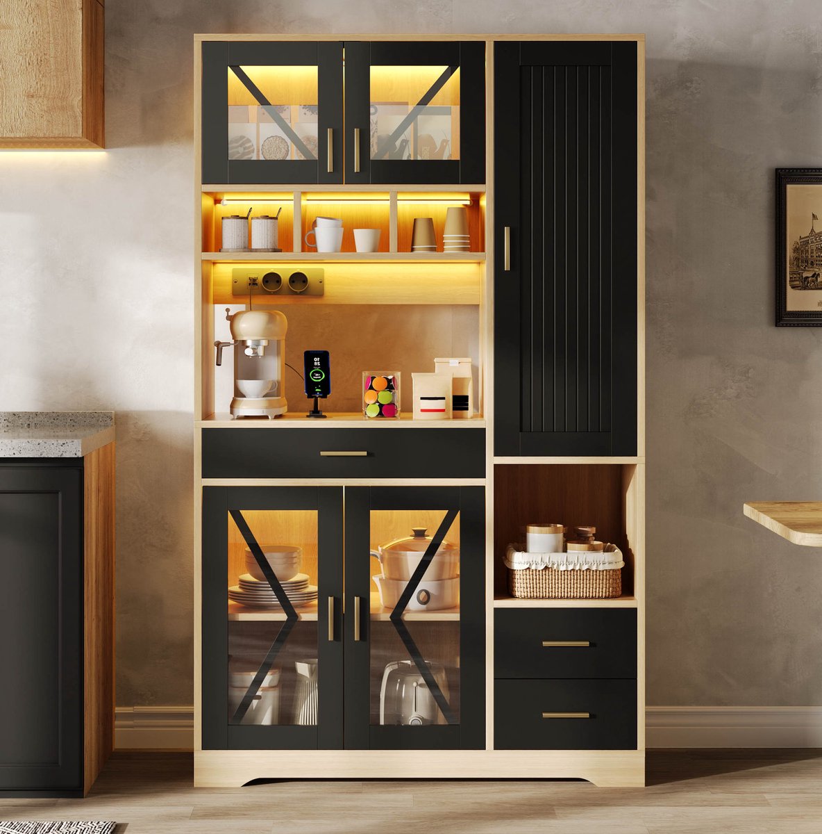 DESMIU Keukenkast - Hoge Buffetkast Met LED Verlichting En Stopcontacten - Met Lade En Verstelbare Planken Voor Keuken En Woonruimte - MDF - 105x40x185 Cm - Zwart Naturel